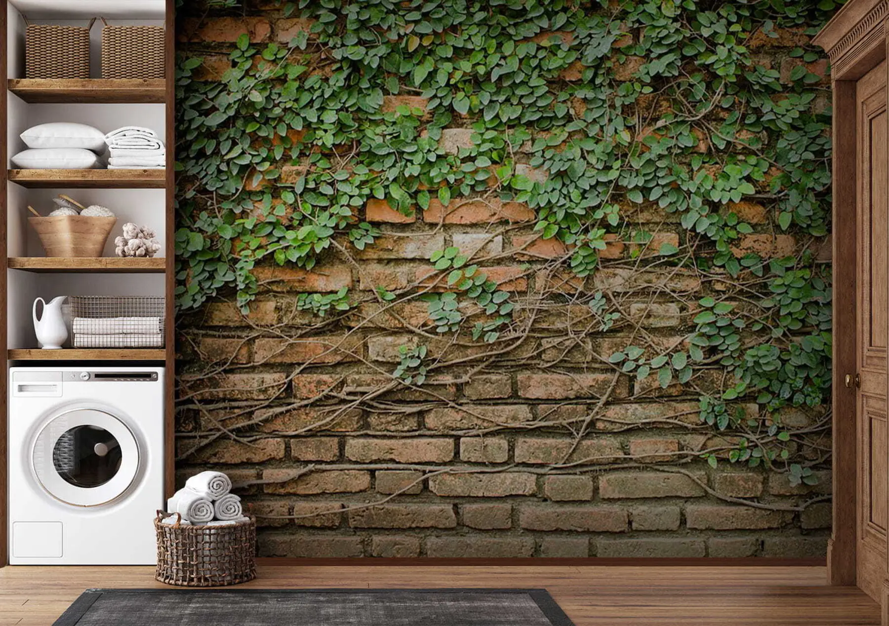Fotobehang Bakstenen muur met bladerenbehang u53037