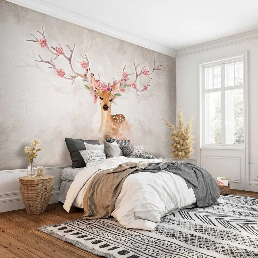 Fotobehang Herten met bloemen op het gewei u04671