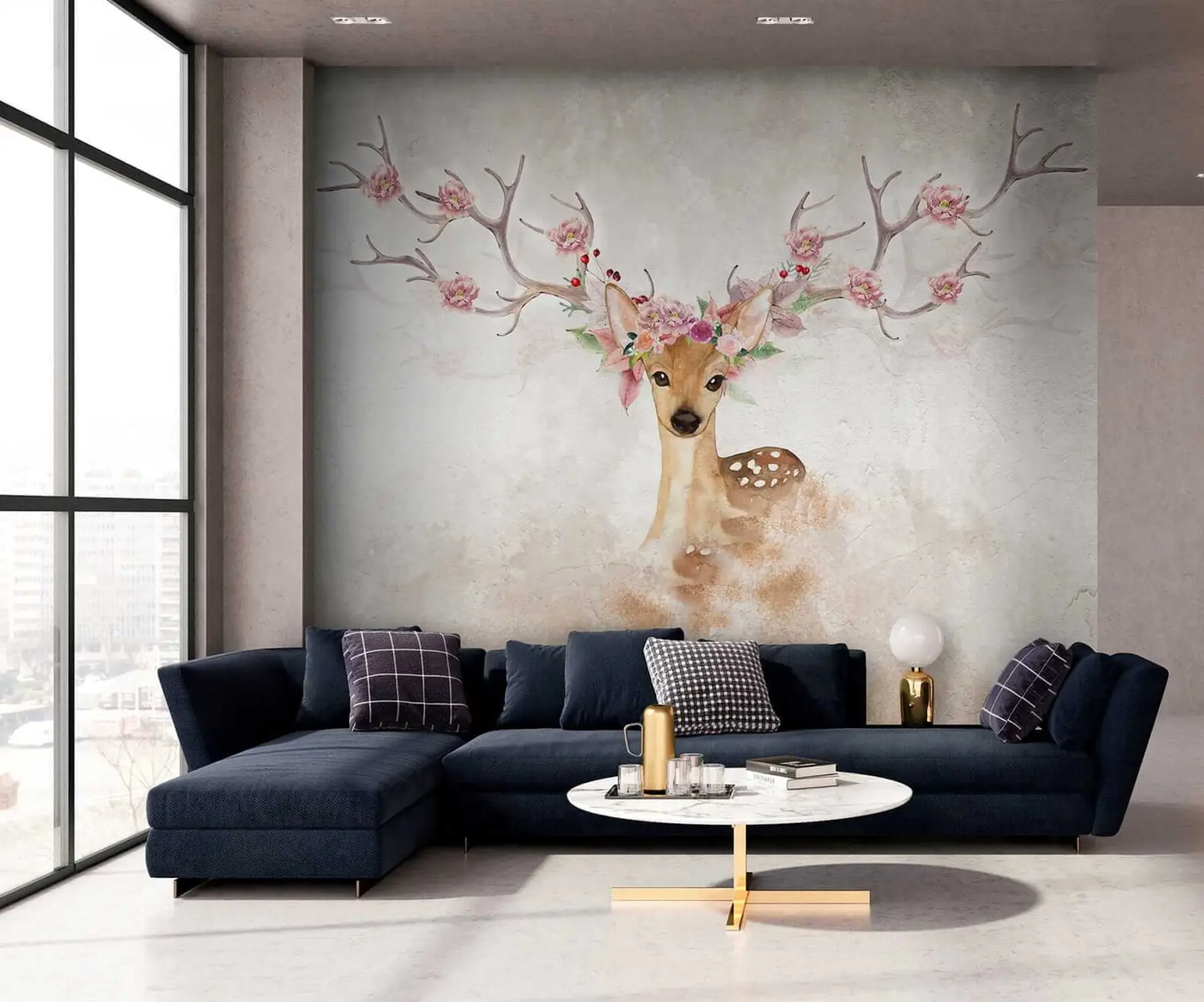 Fotobehang Herten met bloemen op het gewei u04671