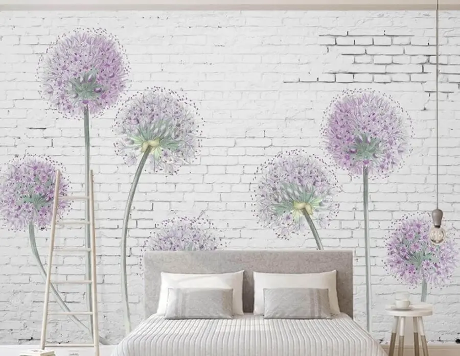 Fotobehang Paardebloemen tegen de achtergrond van een bakstenen muur u05372