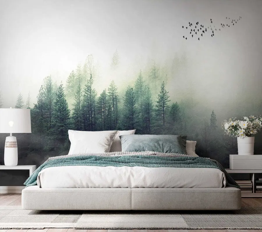 Fotobehang Bos en vogels in de mist u10882
