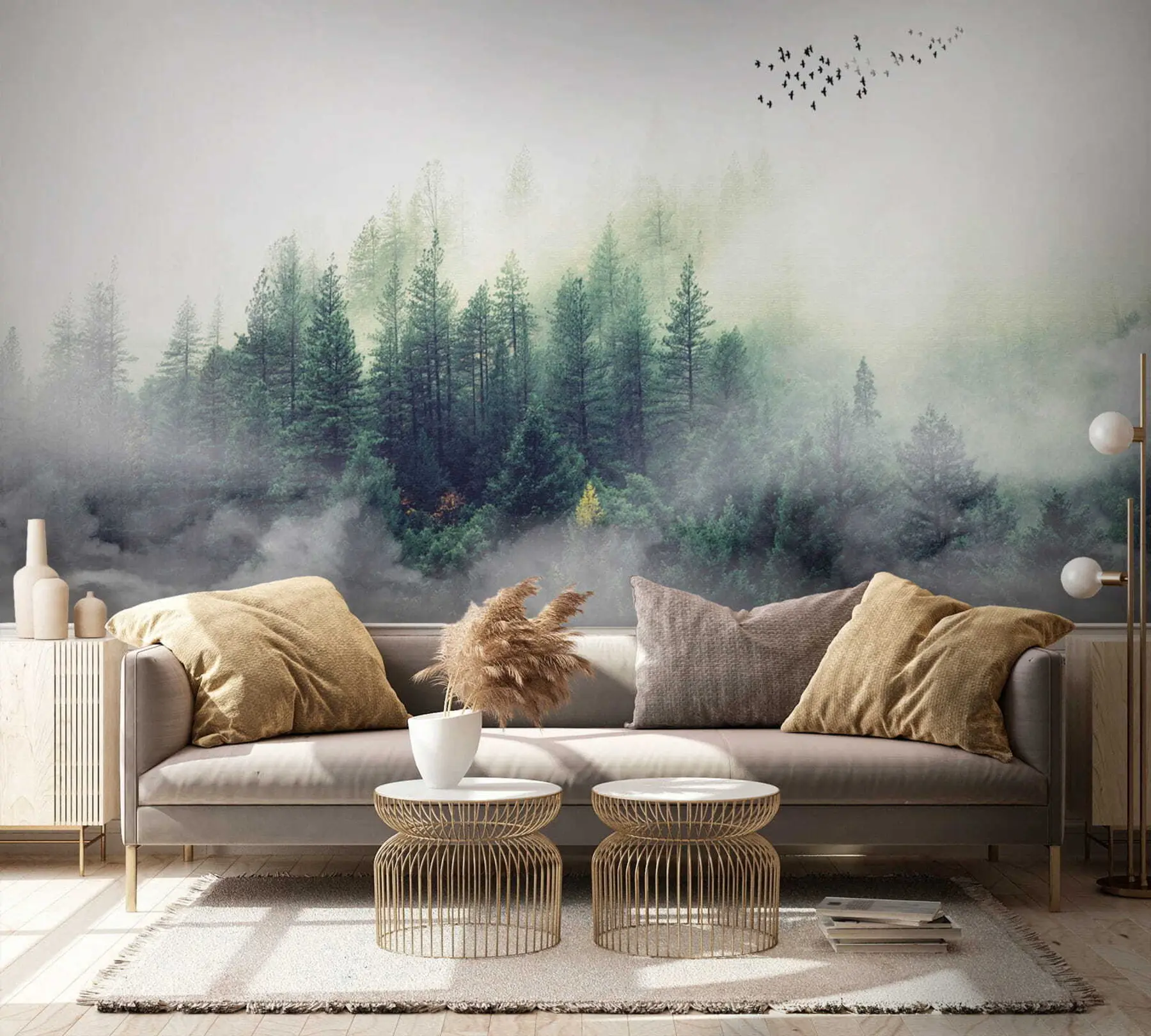 Fotobehang Bos en vogels in de mist u10882