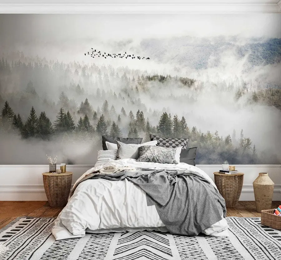 Fotobehang Mist bos en vogels u13823