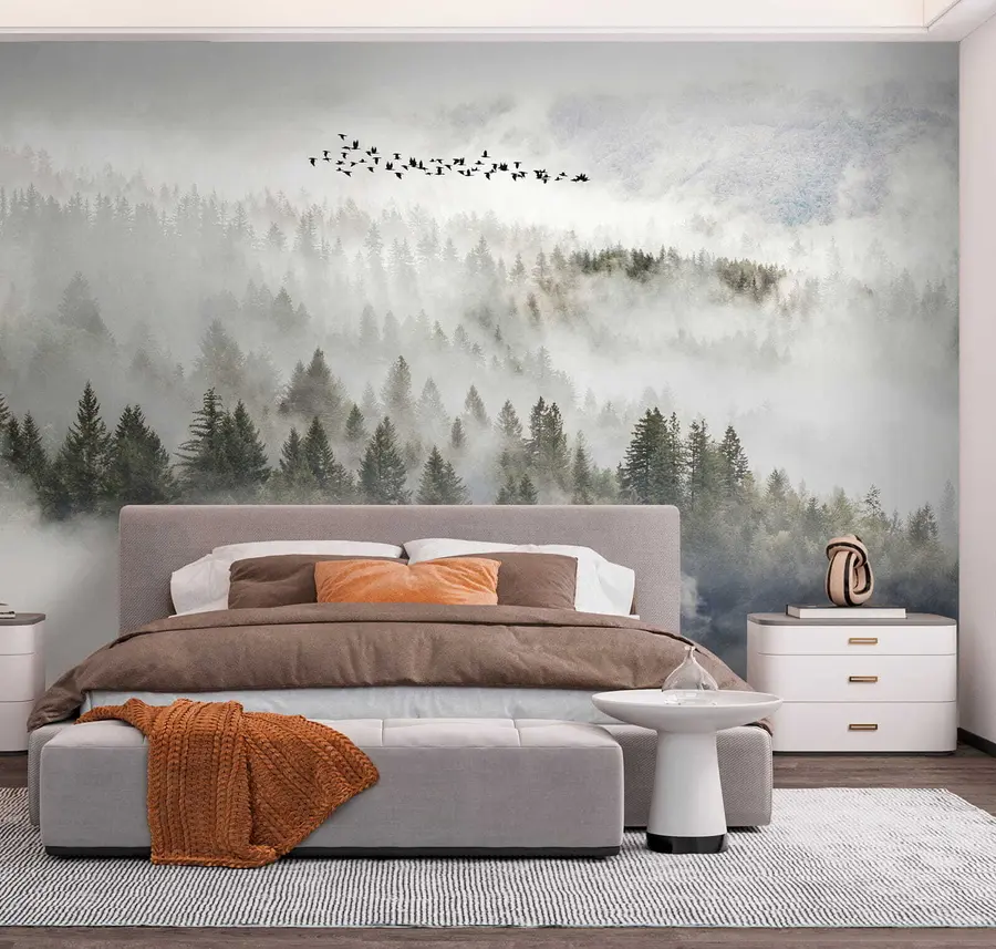 Fotobehang Mist bos en vogels u13823