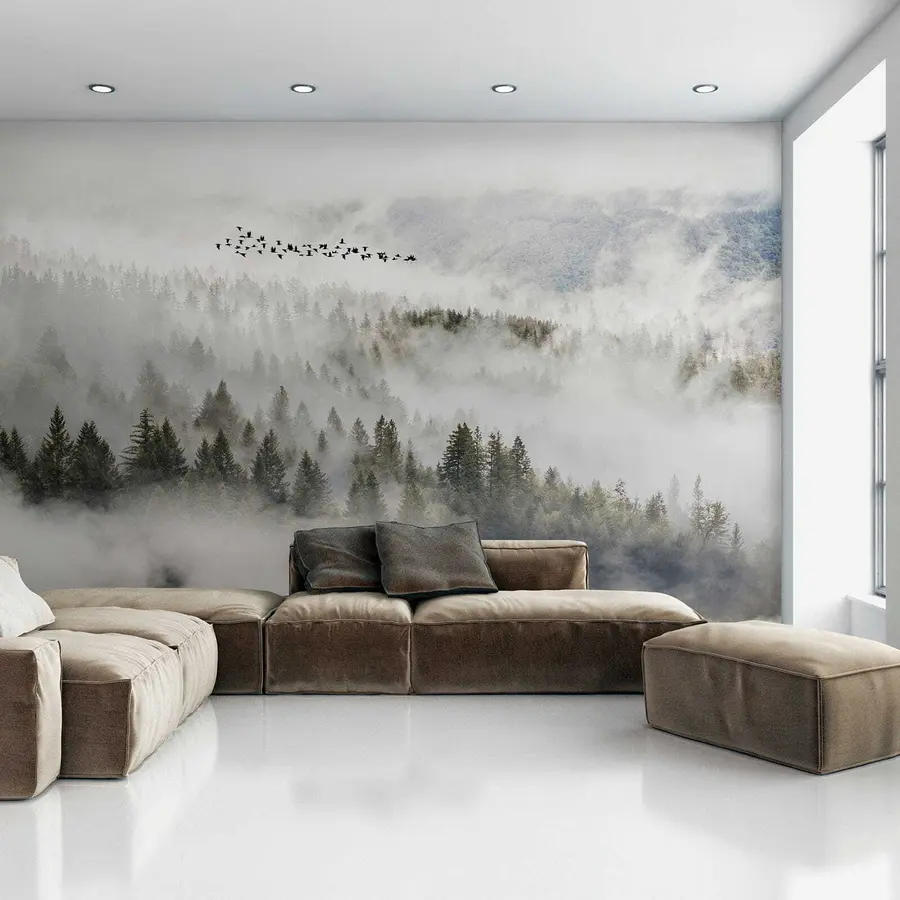Fotobehang Mist bos en vogels u13823