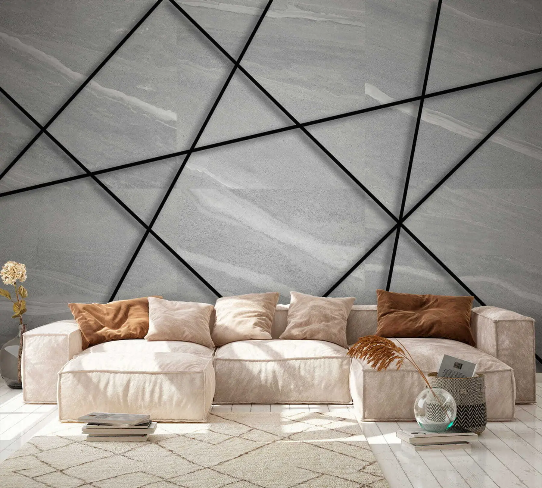 Fotobehang Grijs marmer en zwarte lijnen u16341