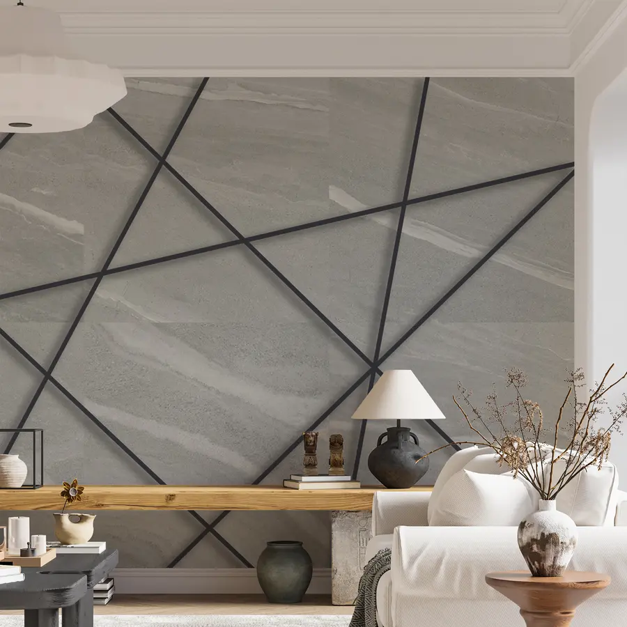 Fotobehang Grijs marmer en zwarte lijnen u16341