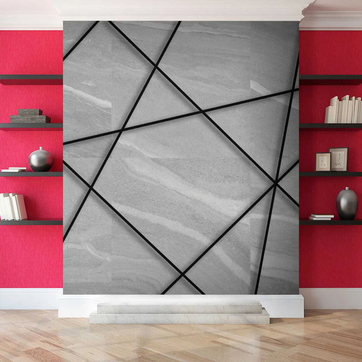 Fotobehang Grijs marmer en zwarte lijnen u16341