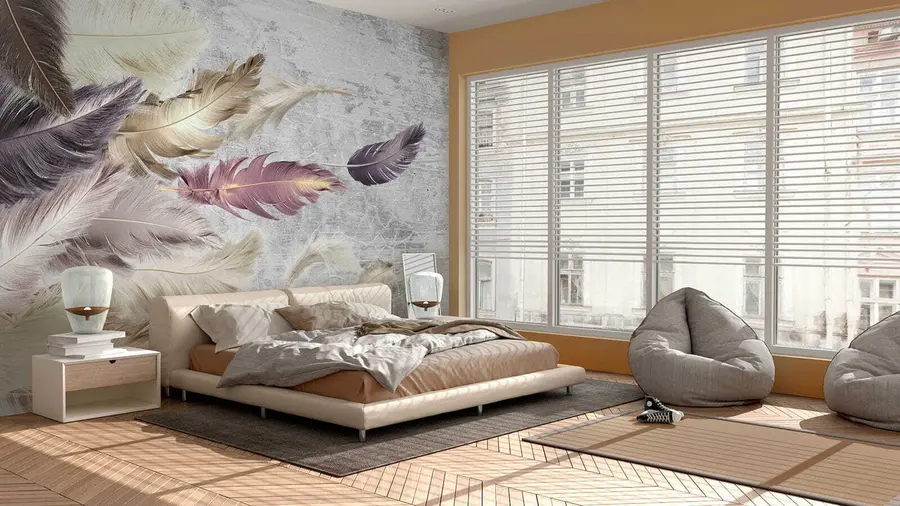 Papier peint photo Plumes de couleur sur un mur en béton u21165