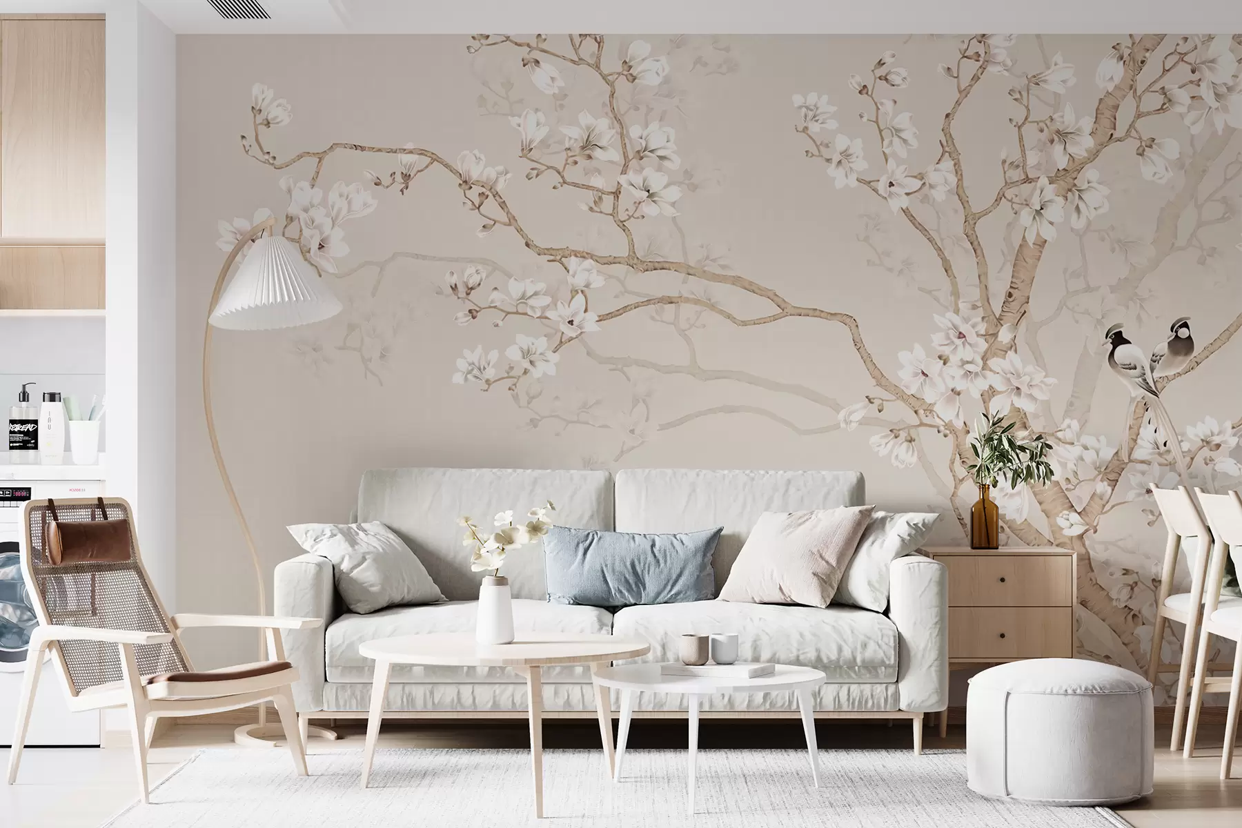 Fotobehang Bloeiende boom en vogels u25842