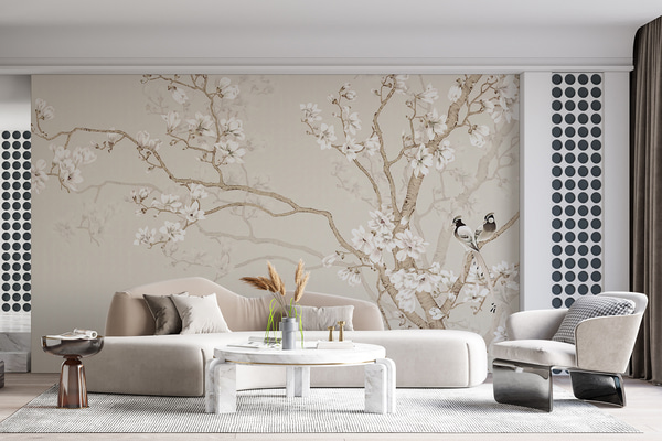 Fotobehang Bloeiende boom en vogels, Fotobehang bos, Fotobehang bomen, u25842 : Uwalls.be