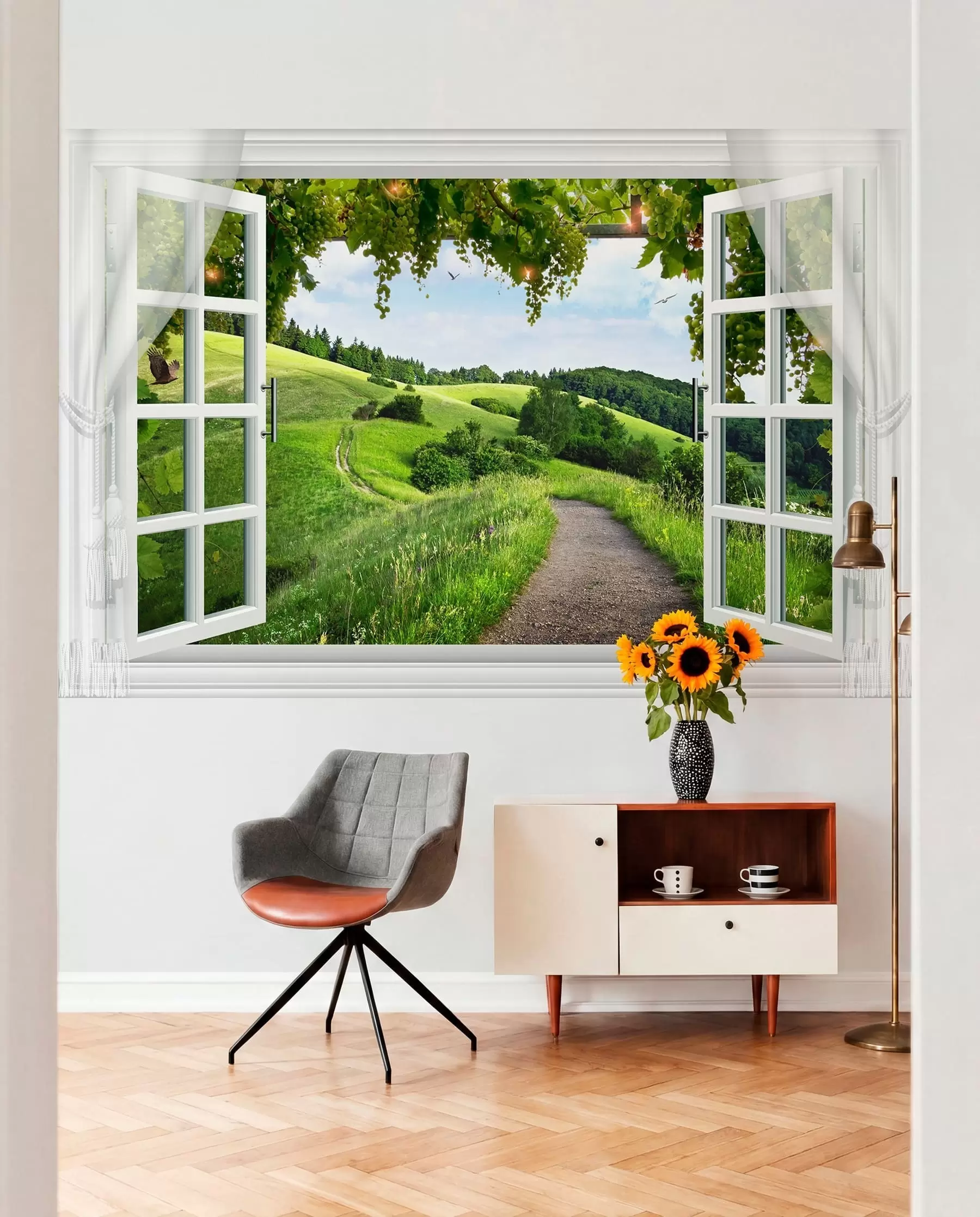 Fotobehang Venster op groene heuvels u28196