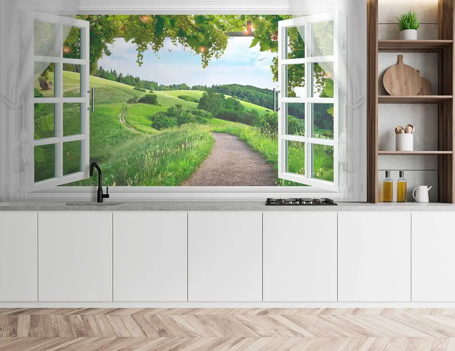 Fotobehang Uitzicht vanuit het raam naar de open plek u28196