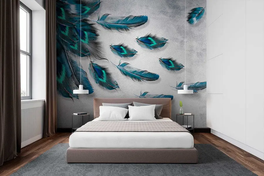 Fotobehang Pauwenveren op de achtergrond van de betonnen muur u29836