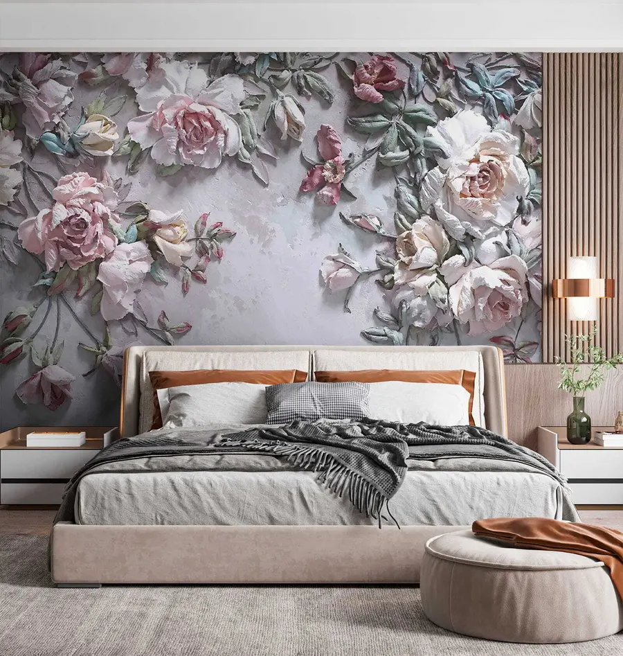 Fotobehang Volumetrische rozen aan de muur u31869