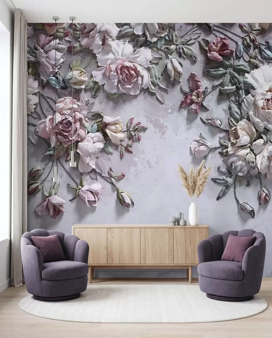 Fotobehang Volumetrische rozen aan de muur u31869
