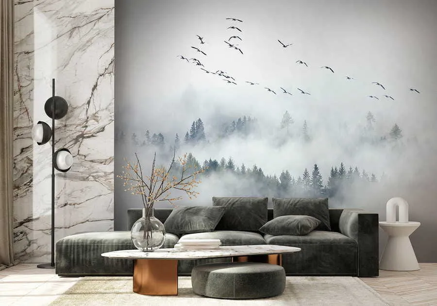 Fotobehang Mist bos en vogels u32480