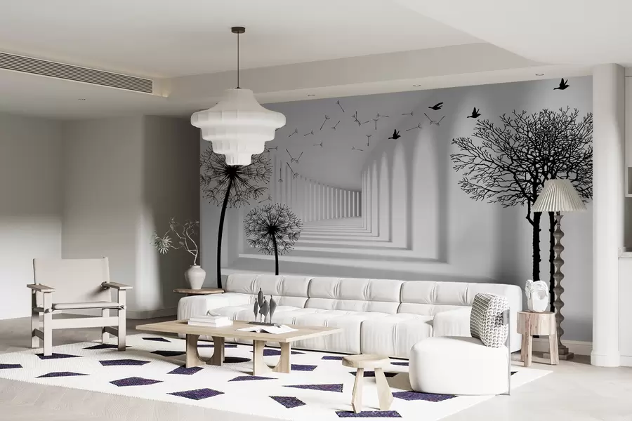 Fotobehang 3d tunnel en paardebloemen u37803