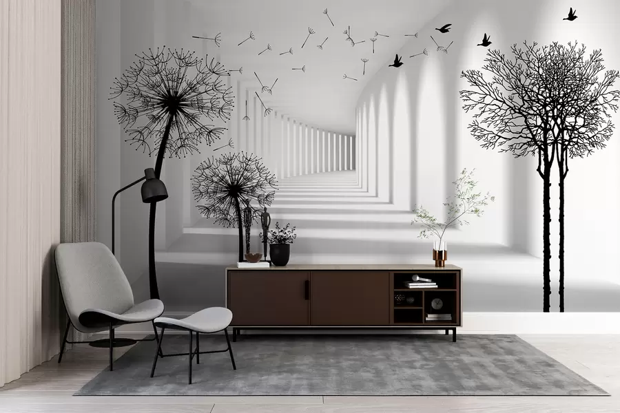 Fotobehang 3d tunnel en paardebloemen u37803