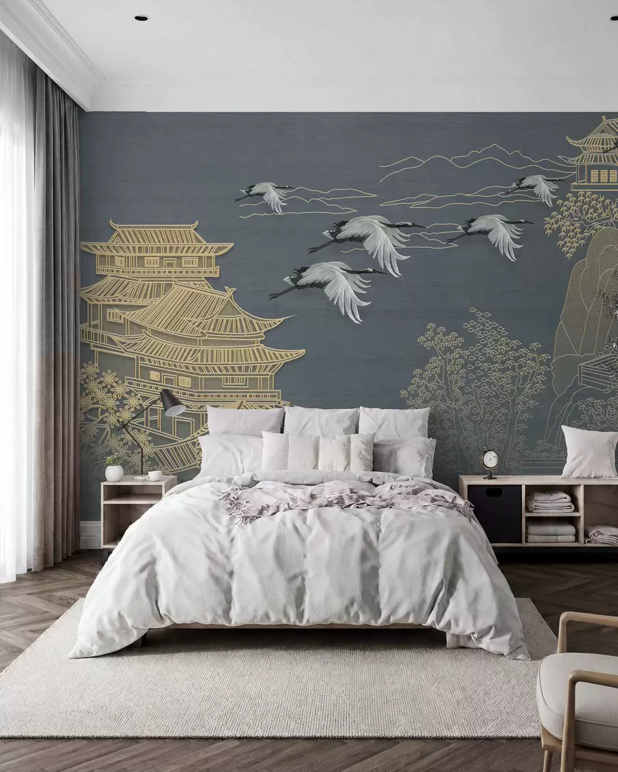 Fotobehang Kraanvogels en pagodes u38720