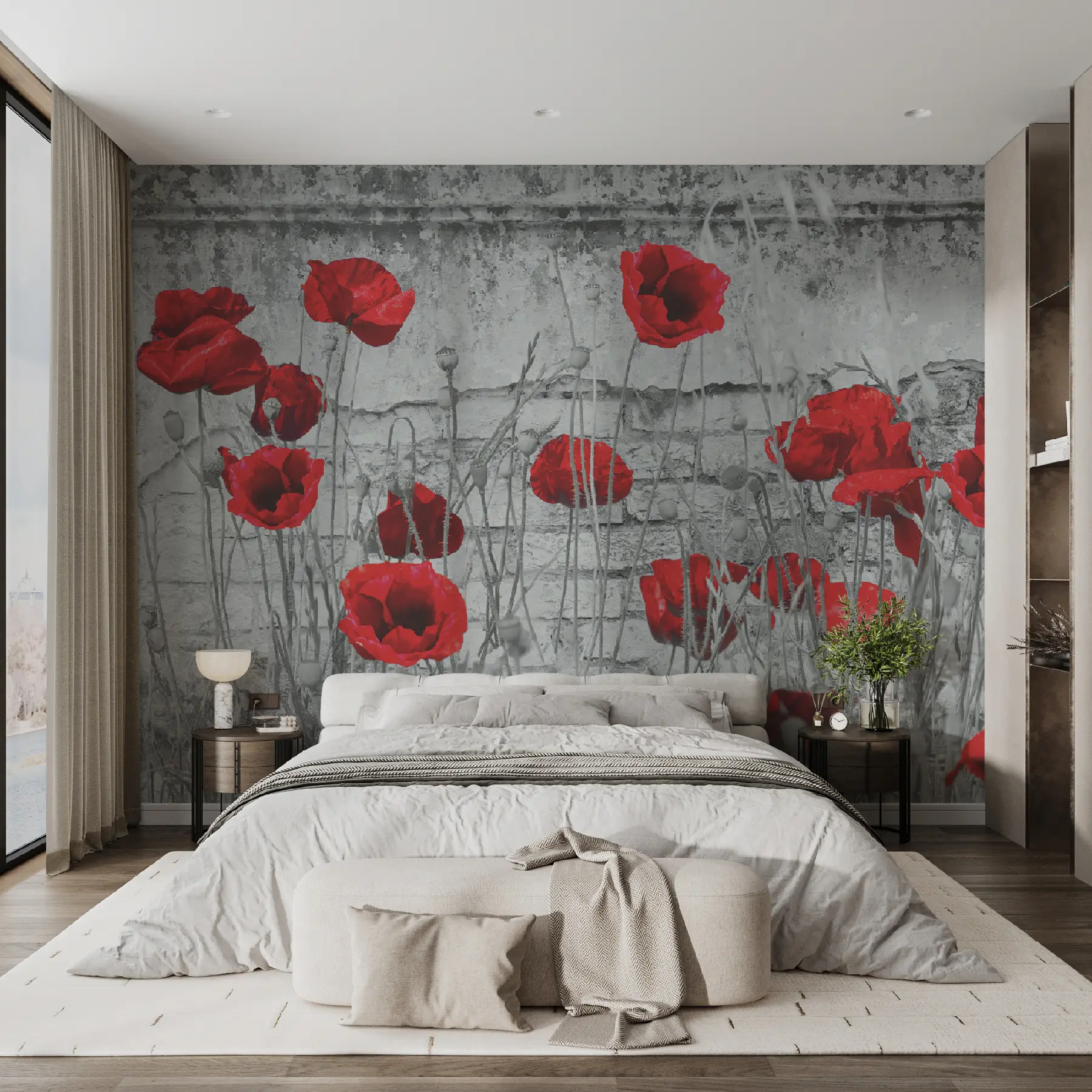 Fotobehang Heldere papavers op de achtergrond van de muur u40552