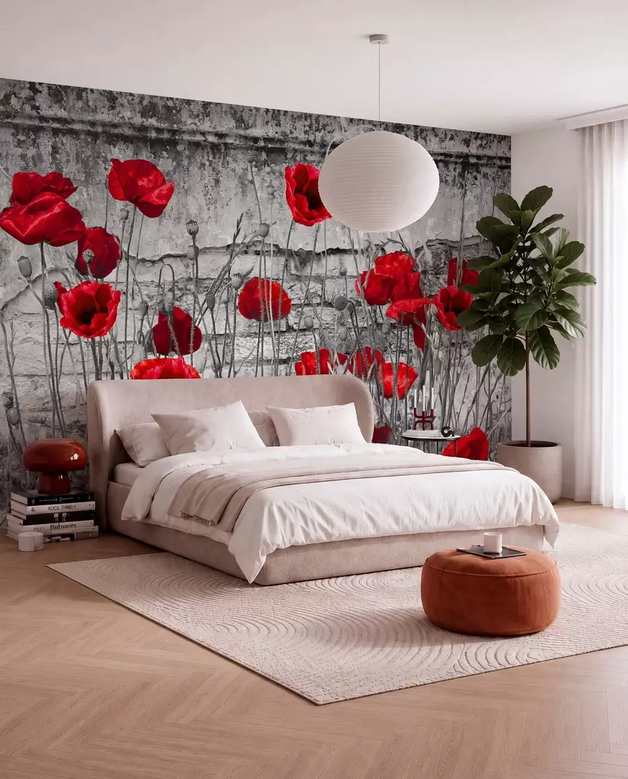 Fotobehang Heldere papavers op de achtergrond van de muur u40552