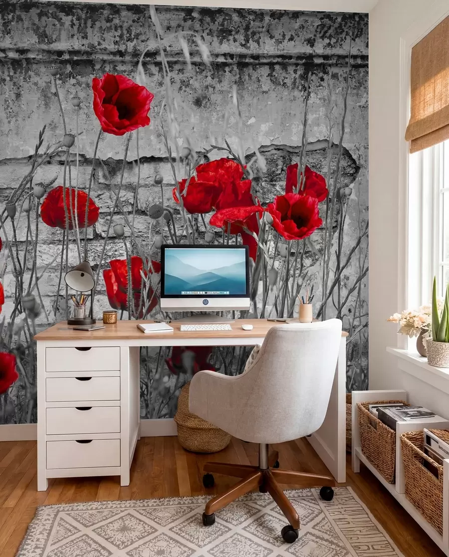 Fotobehang Heldere papavers op de achtergrond van de muur u40552