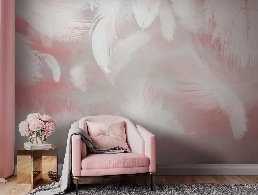 Fotobehang Witte veren op een roze achtergrond u41755