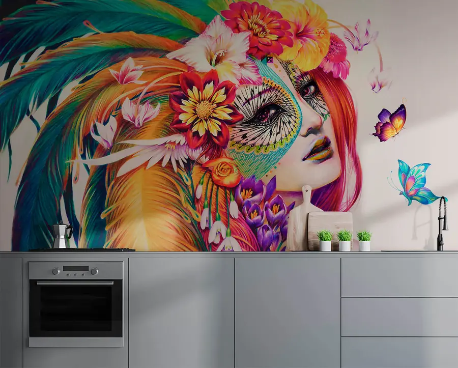 Fotobehang Meisje met veren en bloemen u46277