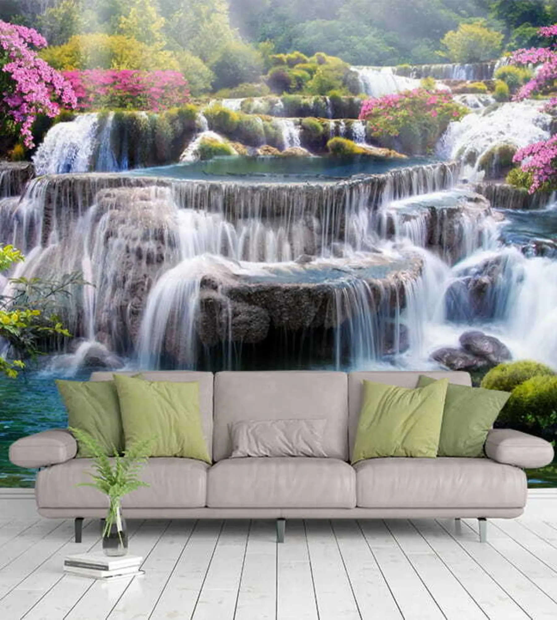 Fotobehang Waterval en bloeiende bomen u60065