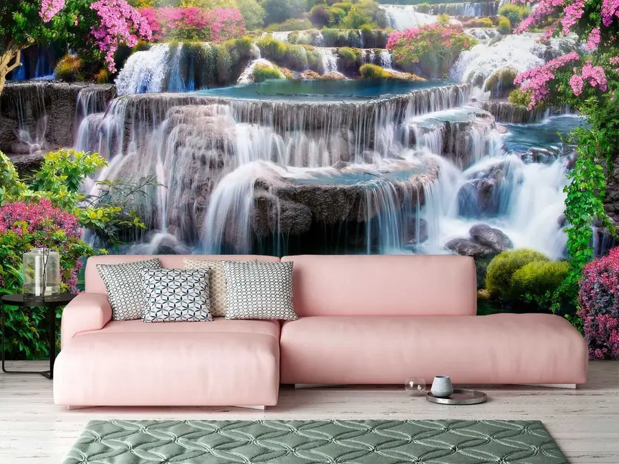 Fotobehang Waterval en bloeiende bomen u60065