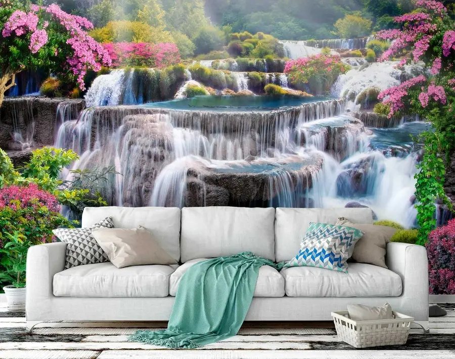 Fotobehang Waterval en bloeiende bomen u60065