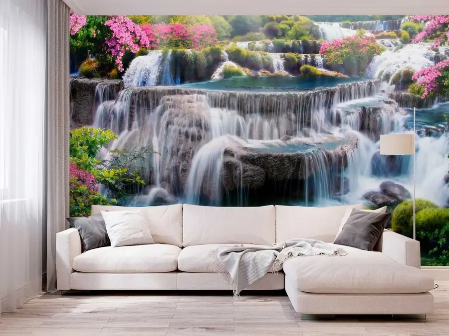 Fotobehang Waterval en bloeiende bomen u60065