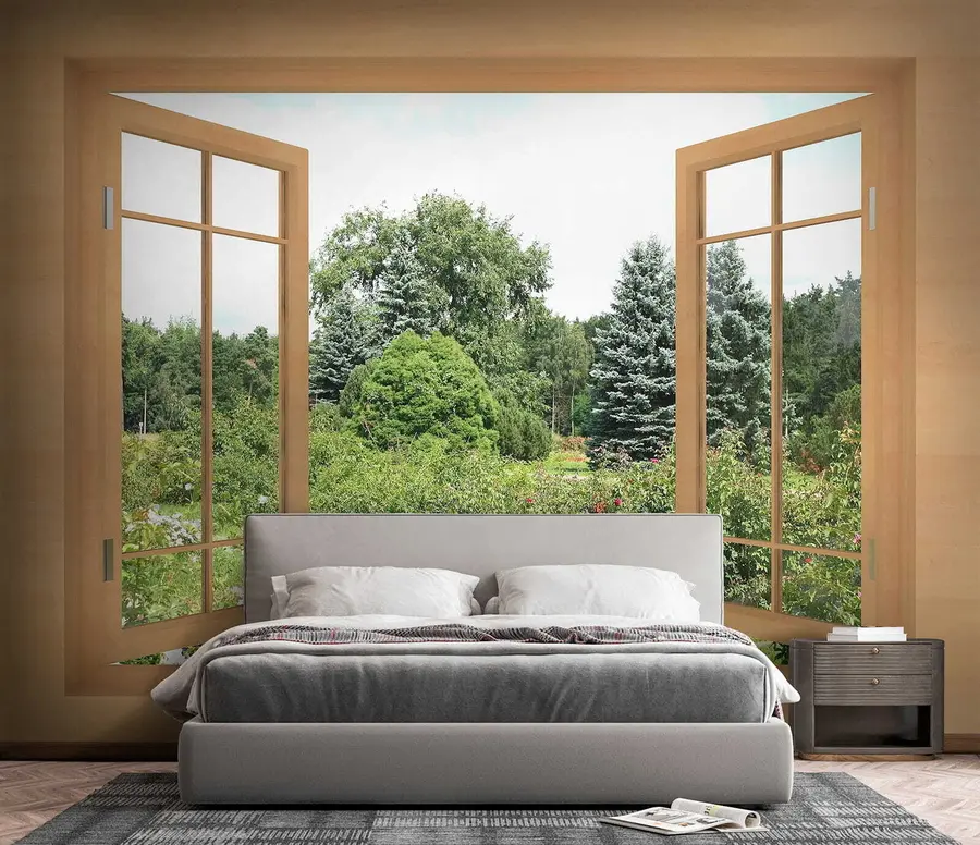 Fotobehang Uitzicht vanuit het raam naar het bos u60673