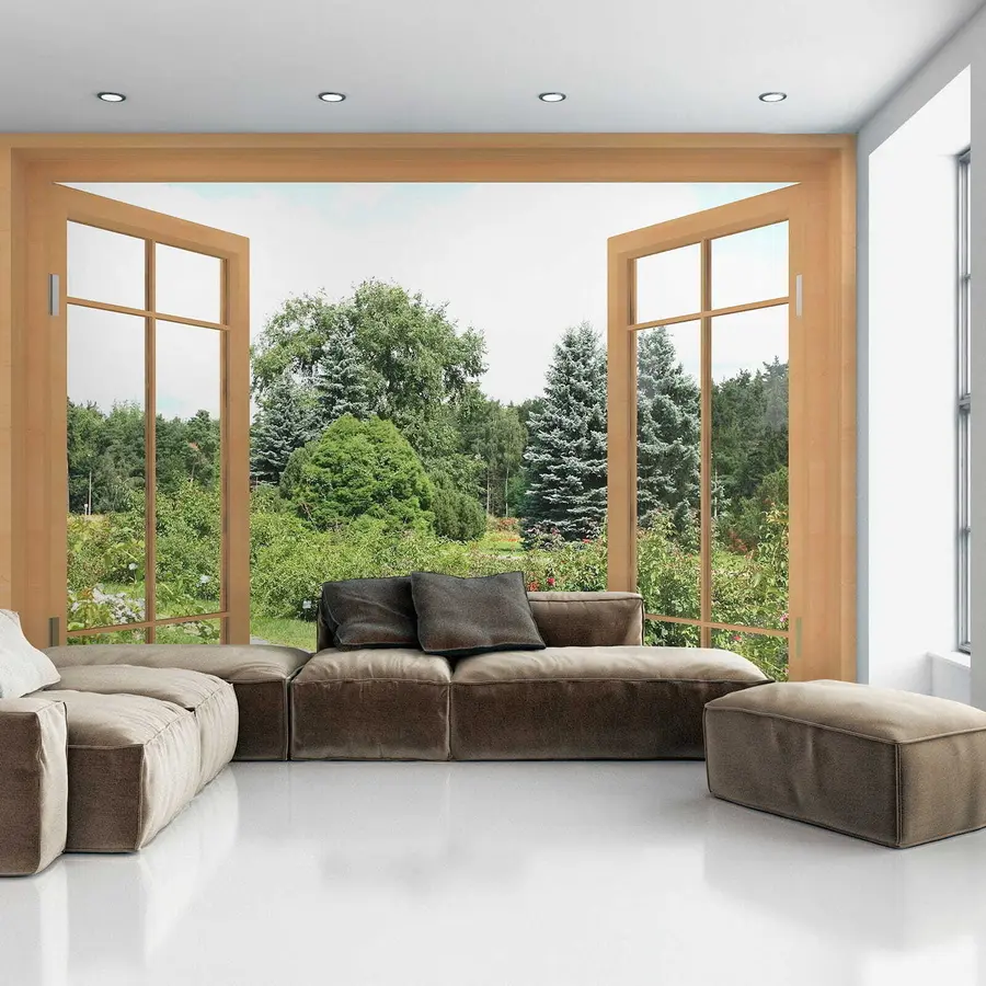 Fotobehang Uitzicht vanuit het raam naar het bos u60673