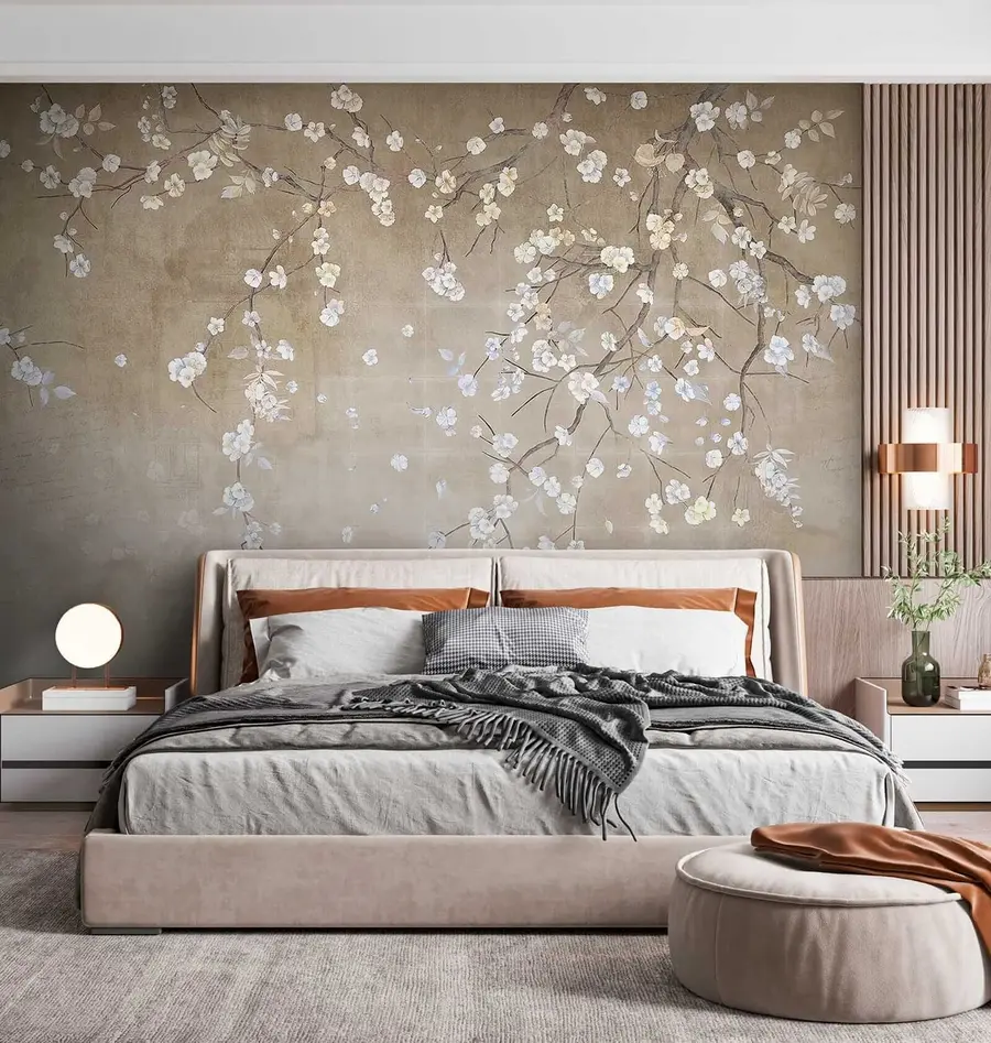 Fotobehang Bloeiende boom op een armoedige muur u61369