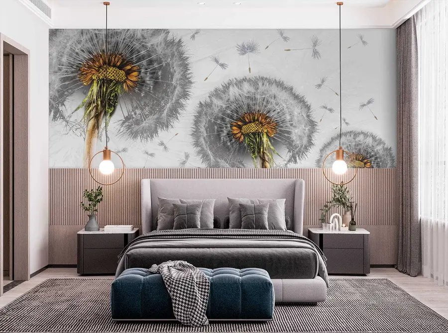 Fotobehang Drie paardebloemen op een witte achtergrond u61442