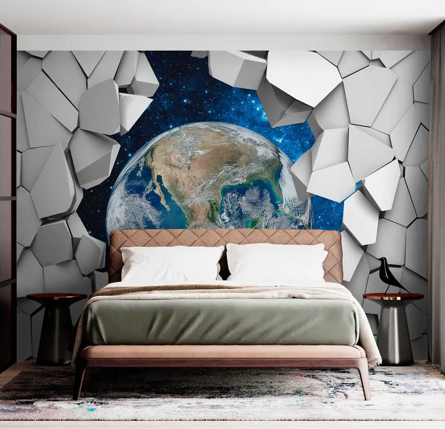 Fotobehang 3D muur en planeet u77808
