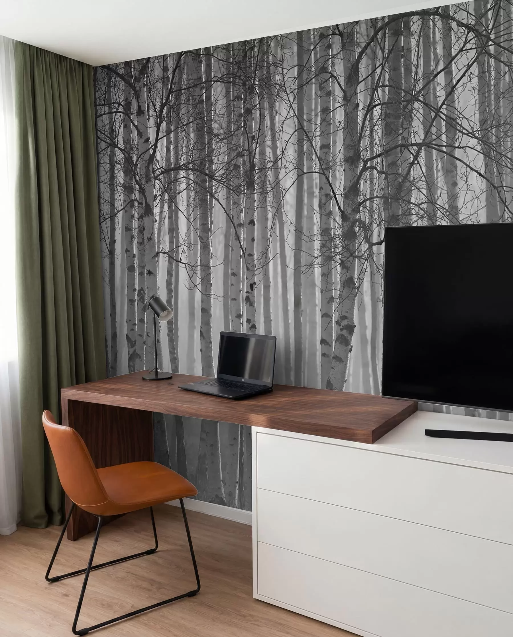 Fotobehang Ochtendmist in het berkenbos u58971
