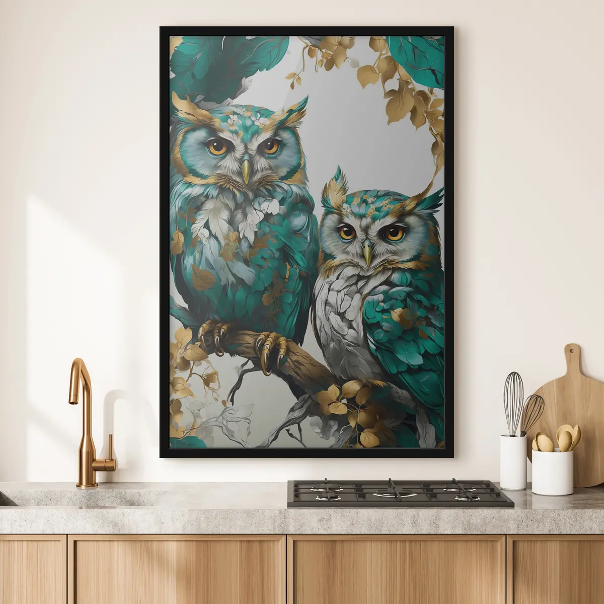 Affiche Deux chouettes vertes dans les feuilles f37569