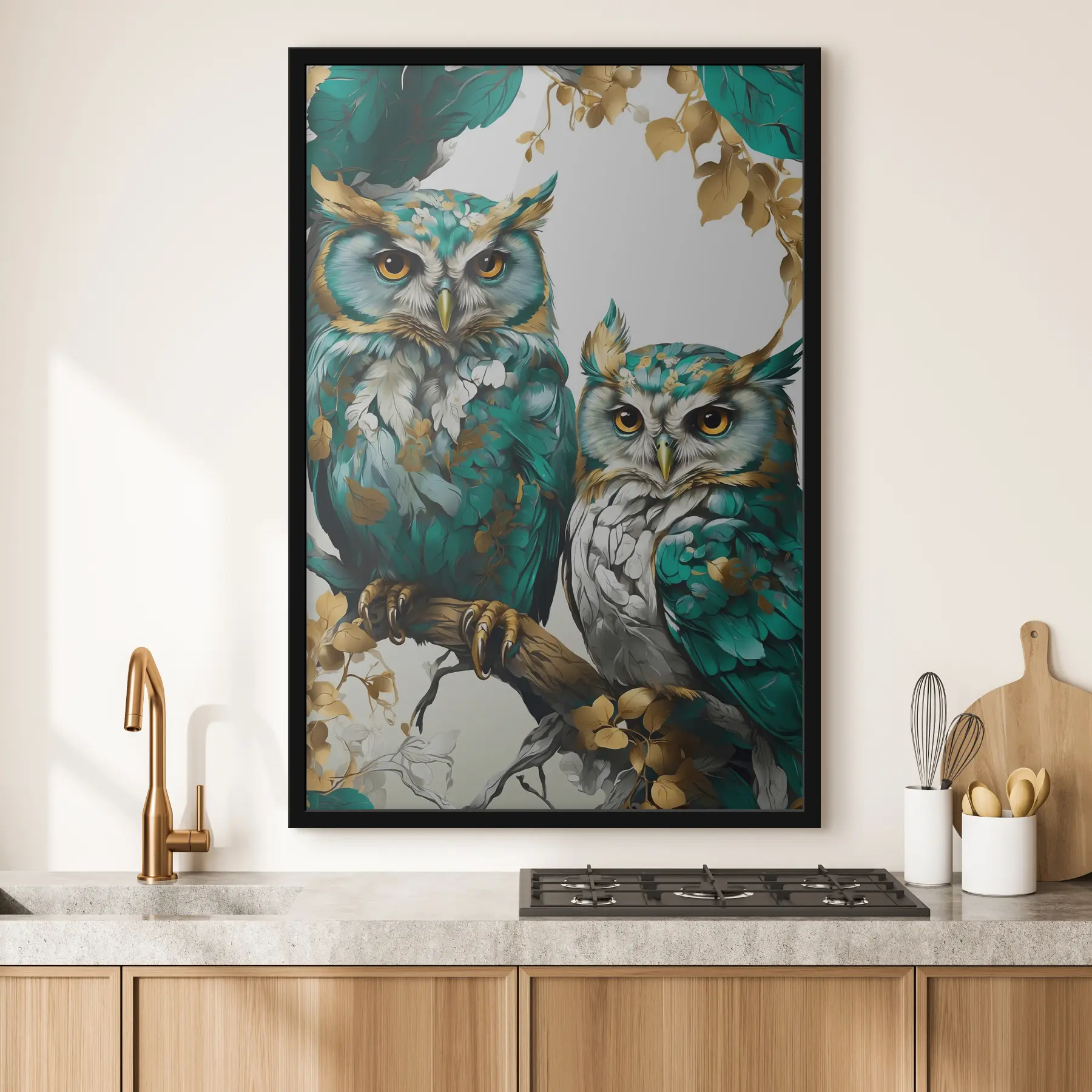 Fotobehang Twee groene uilen in de bladeren f37569