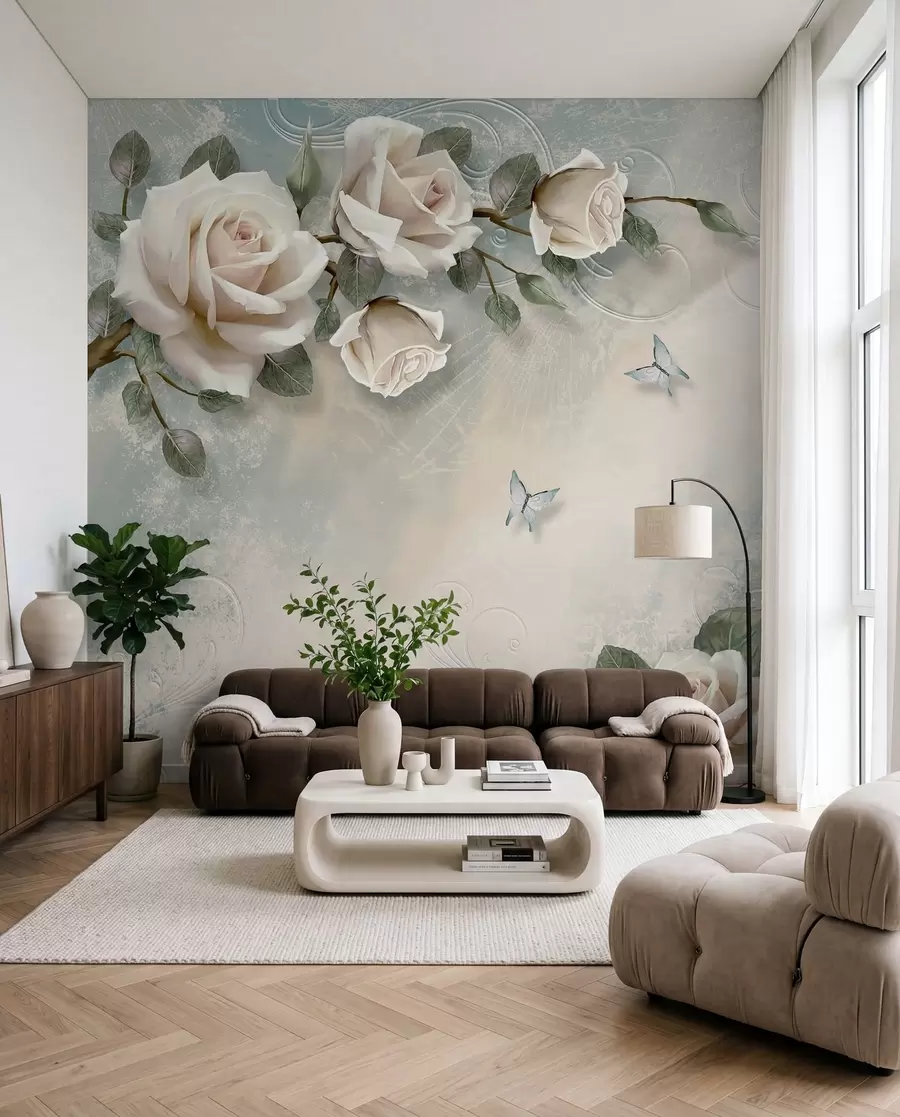Fotobehang Een tak van de crèmekleurige roos u31353d1