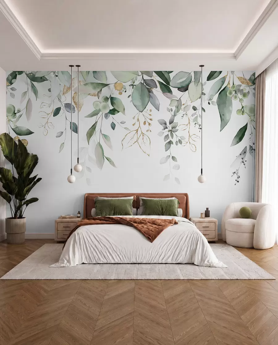 Papier peint photo Feuille d'eucalyptus suspendue sur fond blanc u95506d2