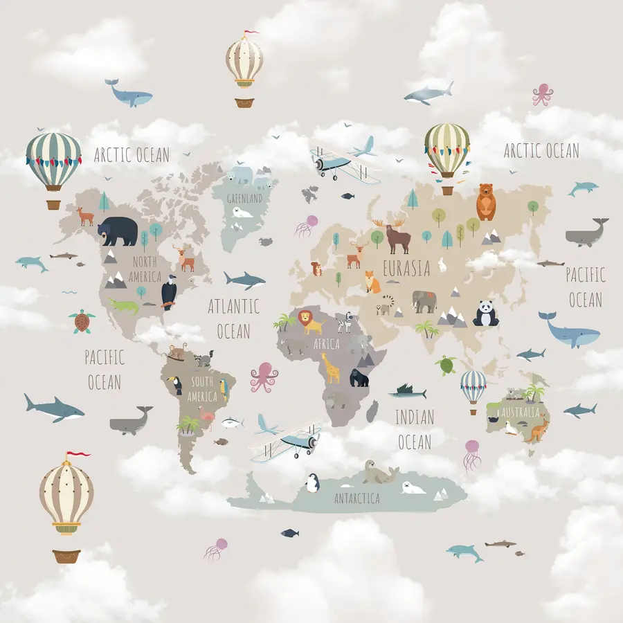 Papier peint photo Carte du monde avec animaux et ballons u96461d1