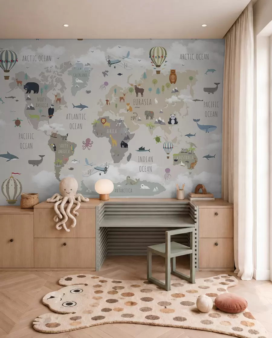 Fotobehang Wereldkaart met dieren en ballonnen u96461d1