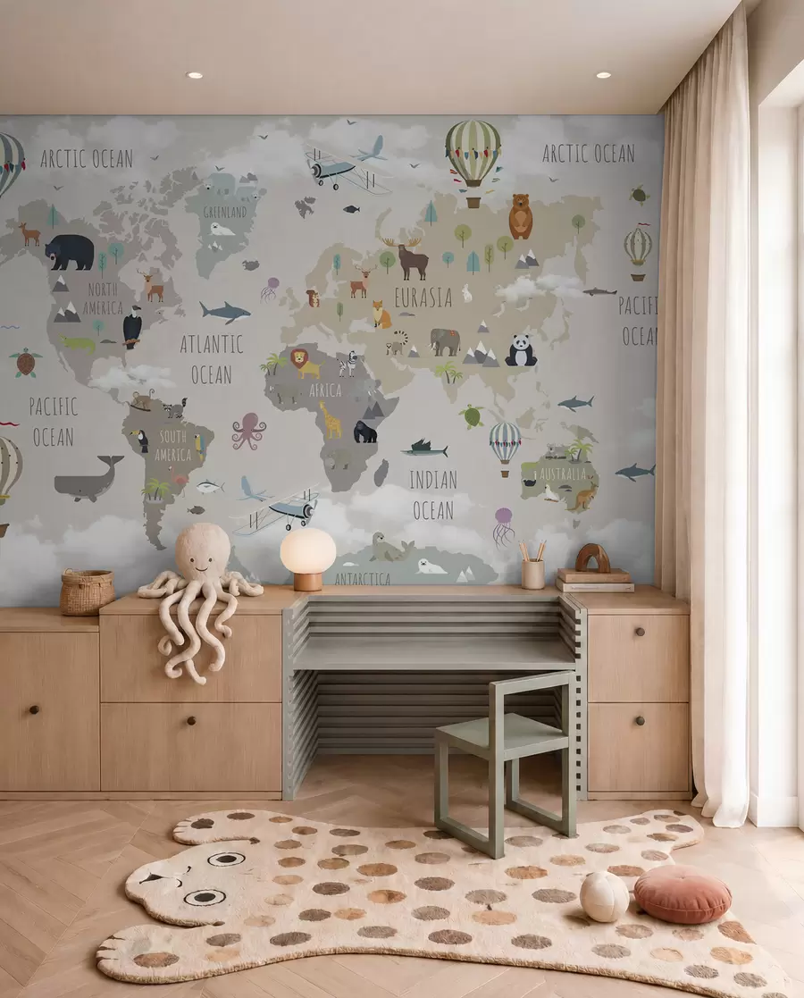 Fotobehang Wereldkaart met dieren en ballonnen u96461d2