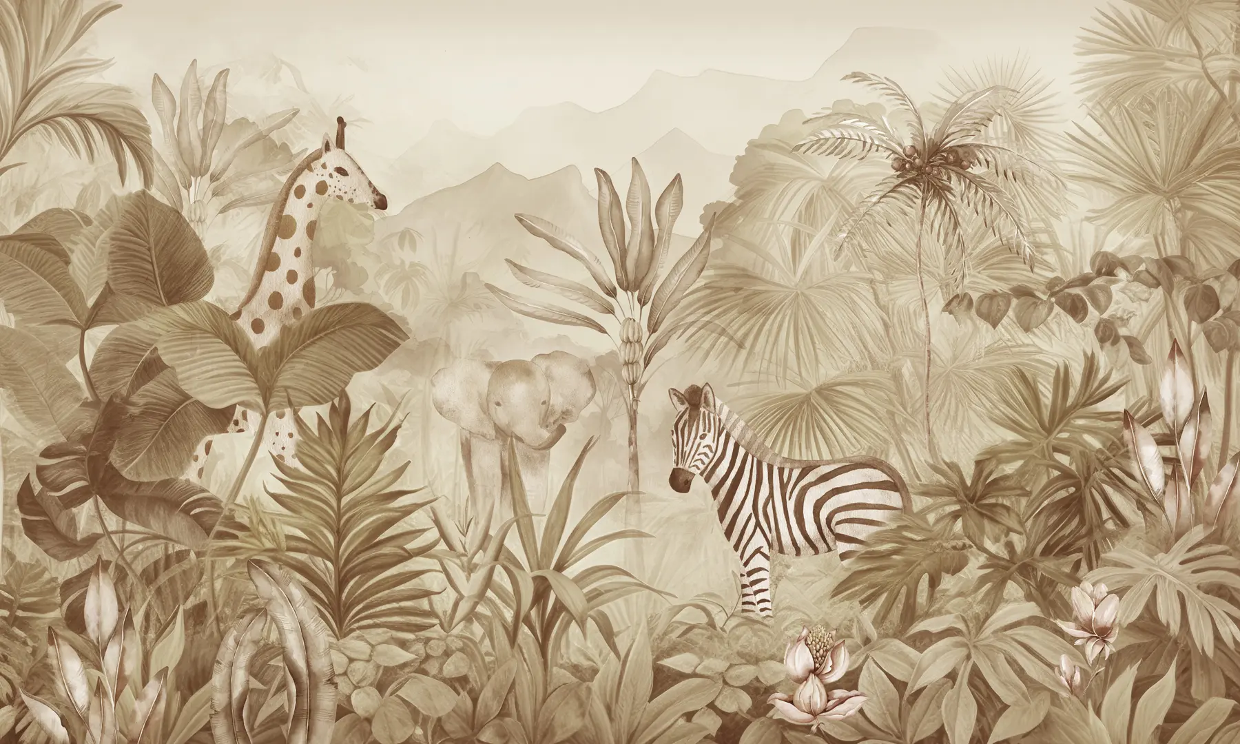 Fotobehang Junglebos, palmbomen, giraffe, olifant, zebra, aquarel, beige kleur, bananenboom, bloemen w00089v1