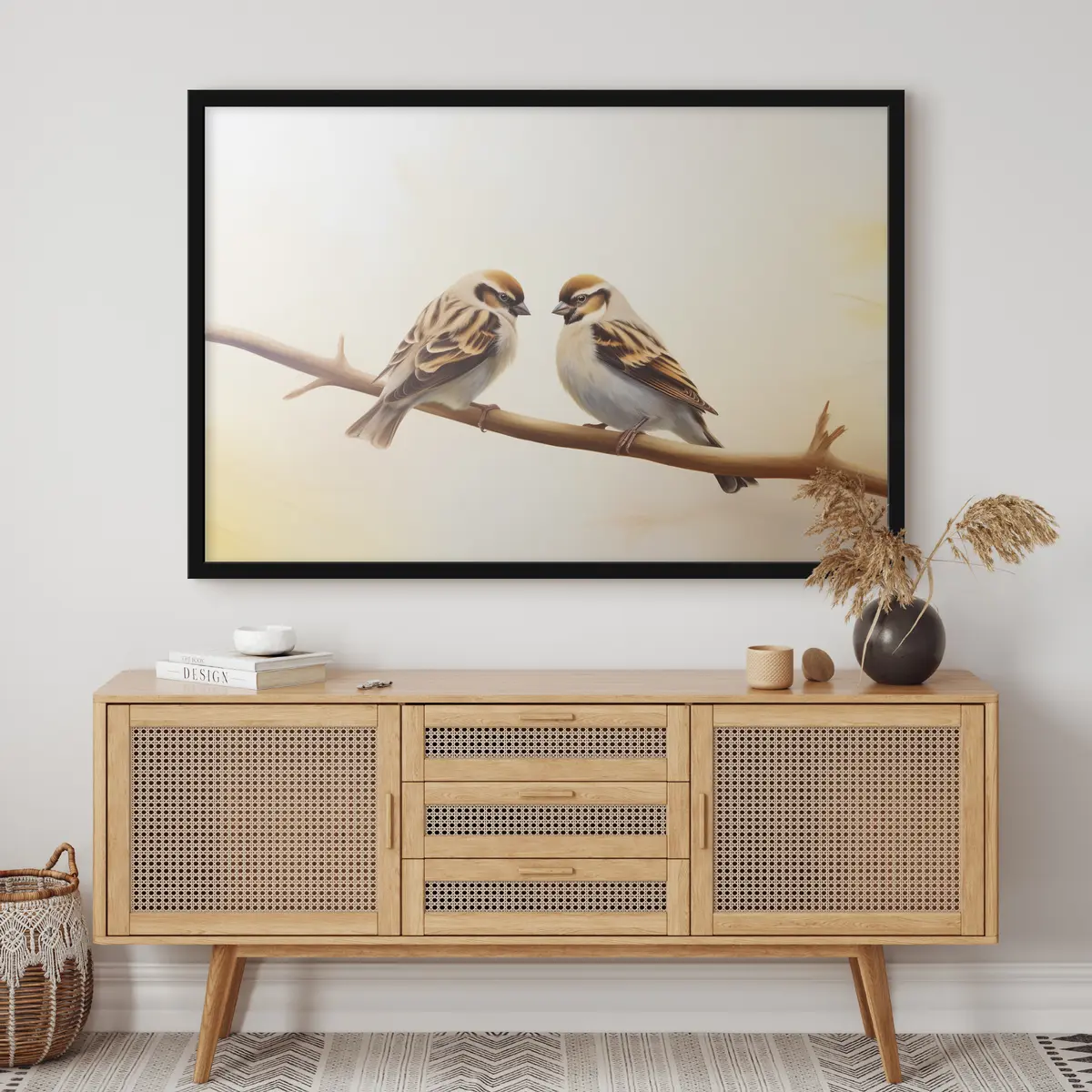 Affiche Deux moineaux ensemble sur une branche f37393