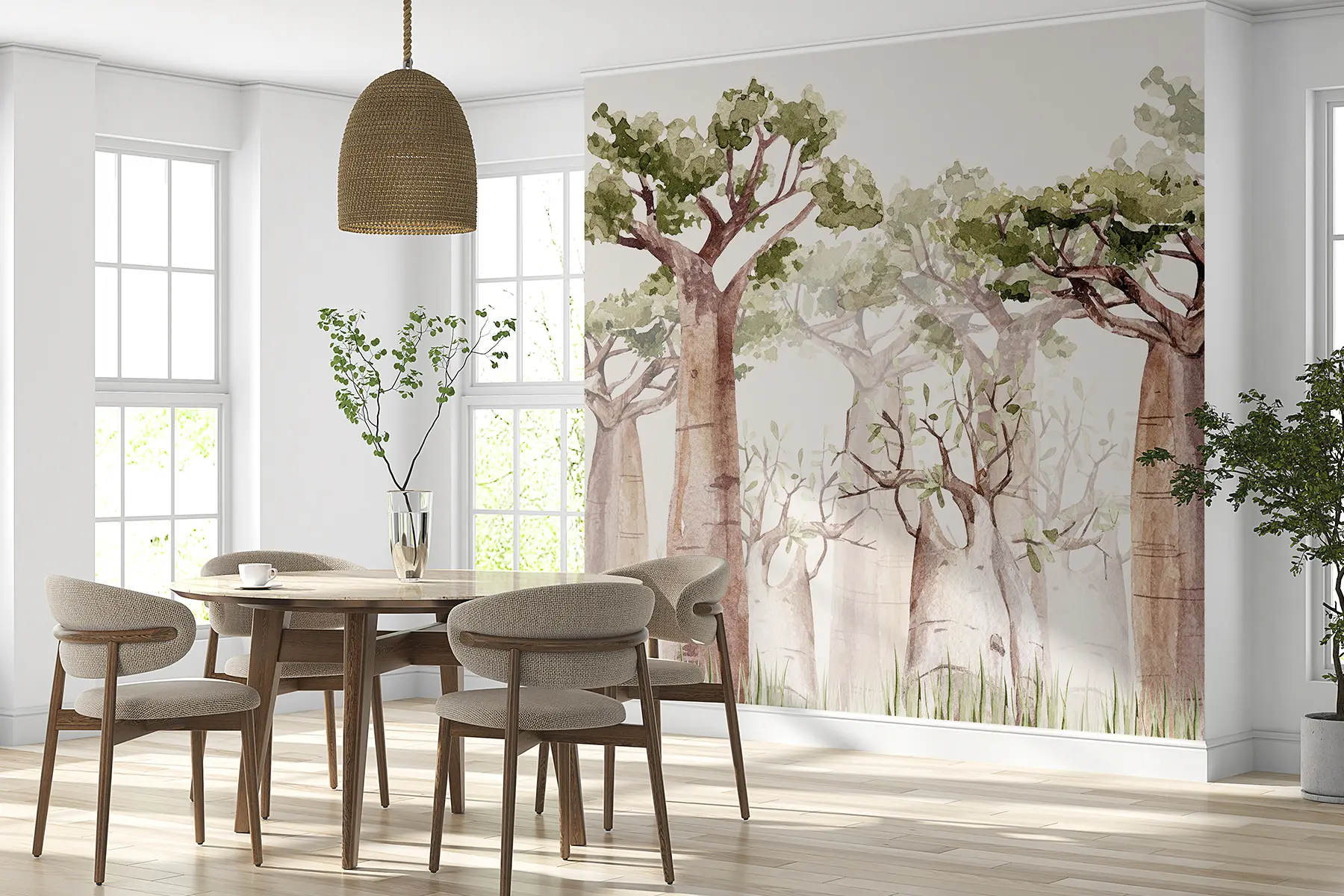 Fotobehang Baobabboom, safarithema, bos, beige en groene kleuren w00082