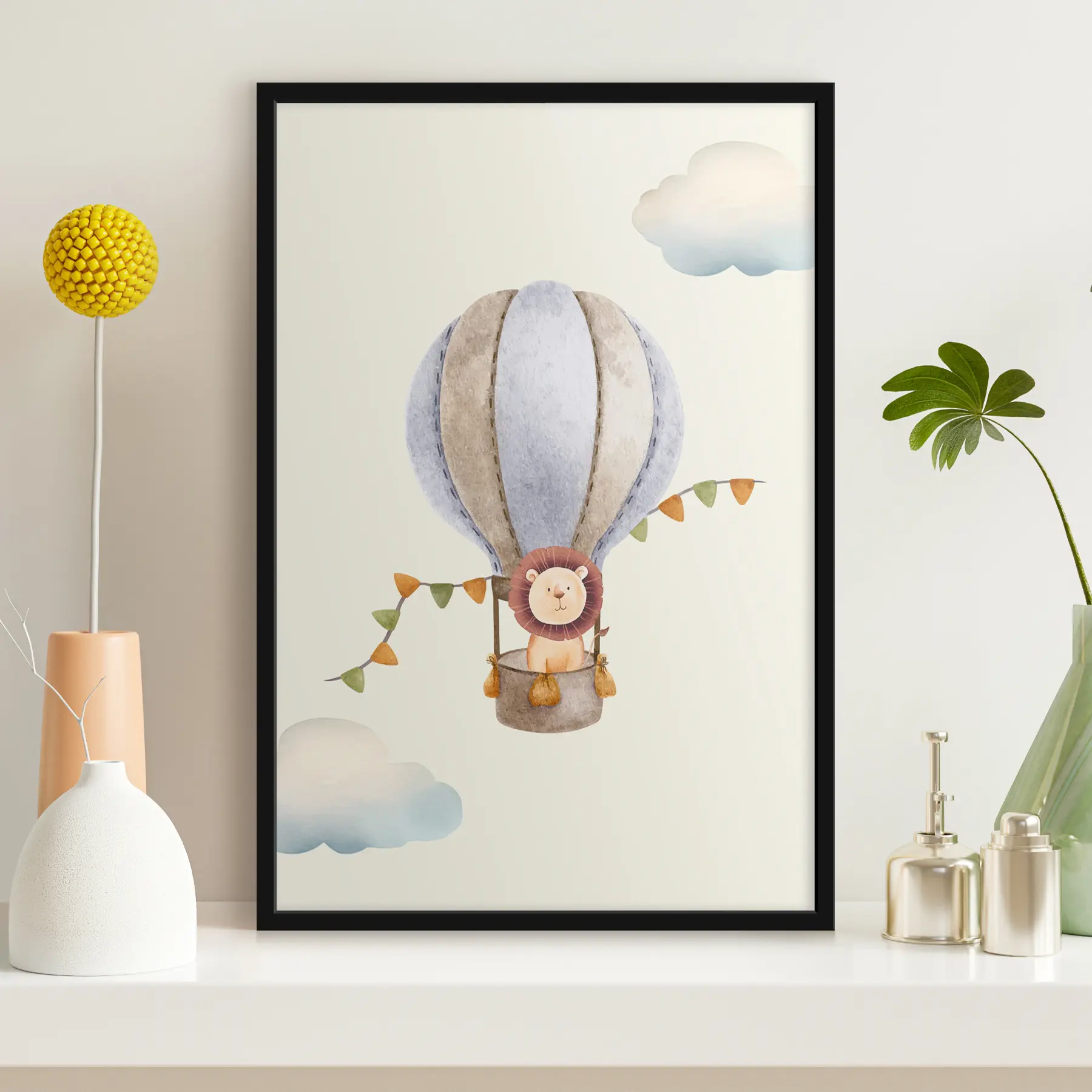 Fotobehang Leeuw in een grillige heteluchtballon f37914
